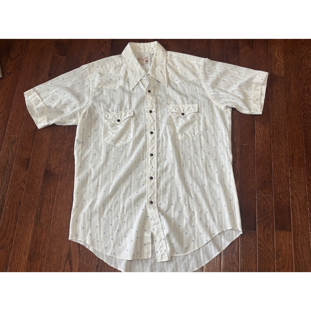 Vintage Wrangler Western Shirt Mens 17 XL White Blue Pearl Snap USA Short Sleeve